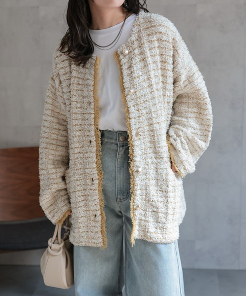 セール】ツイード編みニットカーディガン / ニットジャケット（ノー