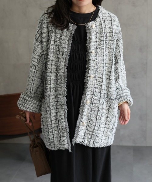 ap retro(アプレトロ)の「ツイード編みニットカーディガン / ニットジャケット(ノーカラージャケット・レディース・ベージュ系その他/ブラック系その他/グレー・FREE)」の9枚目の写真