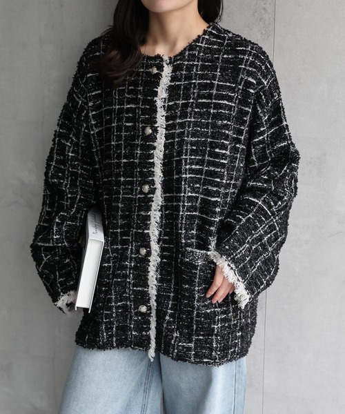 セール】ツイード編みニットカーディガン / ニットジャケット（ノー
