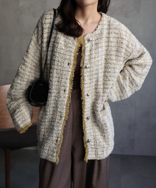 セール】ツイード編みニットカーディガン / ニットジャケット（ノー