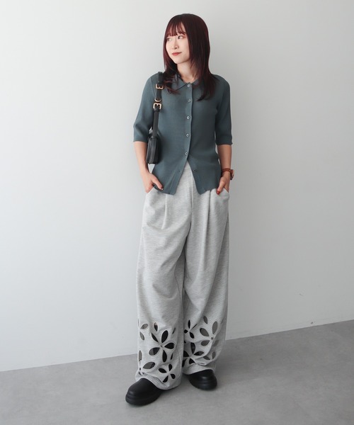 セール】フラワーくり抜き刺繍スウェットワイドパンツ（スウェット