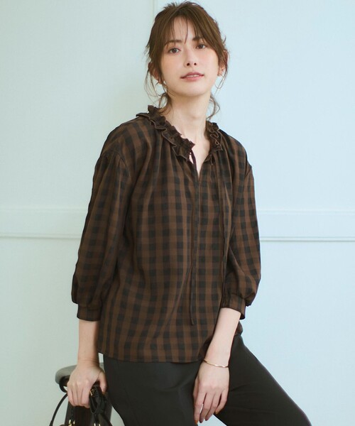 セール】【WEB&一部店舗限定】ブロックチェック フリル ブラウス