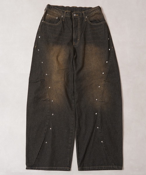1111clothing（ワンフォークロージング）の「スタッズ使い ワイドカーブ デニム パンツ / Studded Wide Curve Denim Pants（デニムパンツ・メンズ・ブルー/ブラック・M/L）」の6枚目の写真