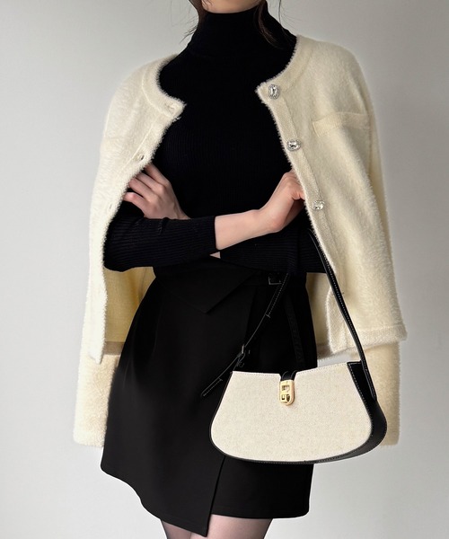 セール】ビジュー釦シャギーノーカラーニットカーディガン