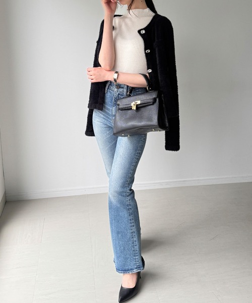 セール】ビジュー釦シャギーノーカラーニットカーディガン