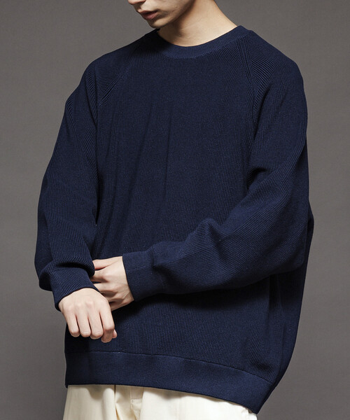 ブリーフィング メンズ ダンボールニット リラックスフィット L ネイビー セール】限定展開 リラックスフィット 片畦編み クルーネック ニット
