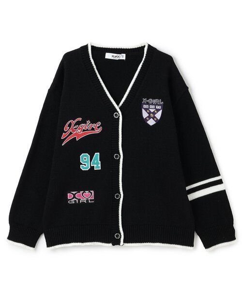 X-girl Stages(エックスガールステージス)の「MIXロゴニットカーディガン(カーディガン/ボレロ・キッズ・アイボリー/ブラック・130cm/140cm/110cm/120cm)」の1枚目の写真