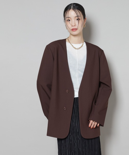 未使用【正規品】 ノーカラー カラーレス ジャケット セール】カラーレスワイドショルダージャケット(セットアップ可)（ノー