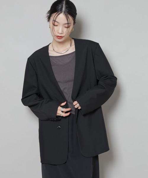 セール】カラーレスワイドショルダージャケット(セットアップ可)（ノー