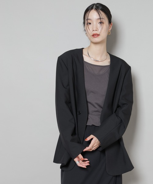 セール⭐︎ナノユニバース　ブラック　ジャケット & パンツ　L サイズ セール】カラーレスワイドショルダージャケット(セットアップ可)（ノー