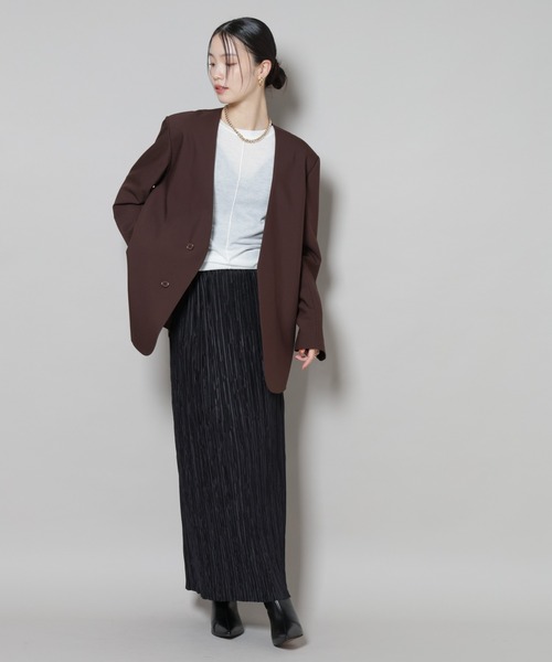 NANO universe（ナノユニバース）の「カラーレスワイドショルダージャケット(セットアップ可)（ノーカラージャケット・レディース・ブラック/ベージュ・FREE）」の14枚目の写真