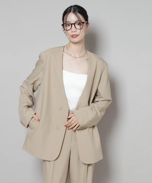 NANO universe（ナノユニバース）の「カラーレスワイドショルダージャケット(セットアップ可)（ノーカラージャケット・レディース・ブラック/ベージュ・FREE）」の5枚目の写真