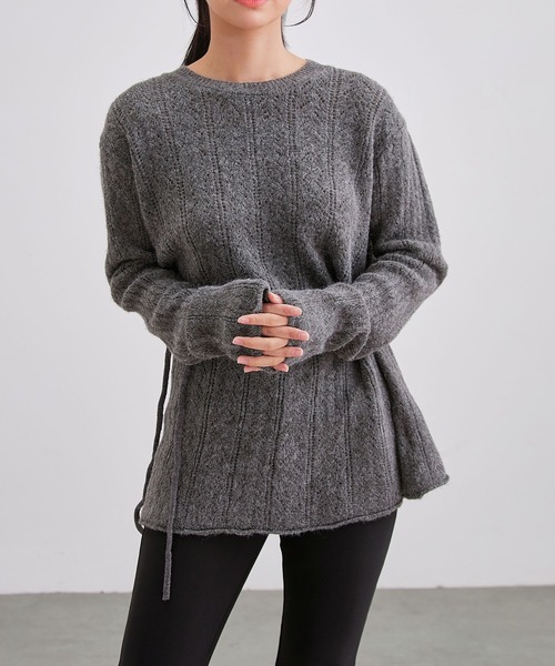 Lace Ladies(レースレディース)の「透かし編み ウエストリボン チュニック丈 ニット プルオーバー(ニット/セーター・レディース・ベージュ/ブラック/アイボリー/チャコールグレー・FREE)」の3枚目の写真