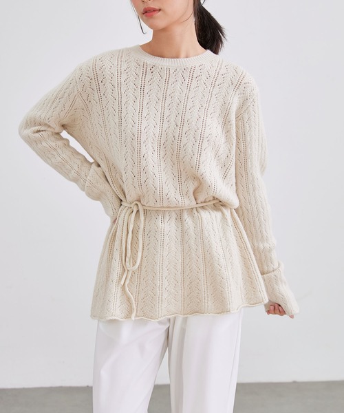 Lace Ladies(レースレディース)の「透かし編み ウエストリボン チュニック丈 ニット プルオーバー(ニット/セーター・レディース・ベージュ/ブラック/アイボリー/チャコールグレー・FREE)」の2枚目の写真