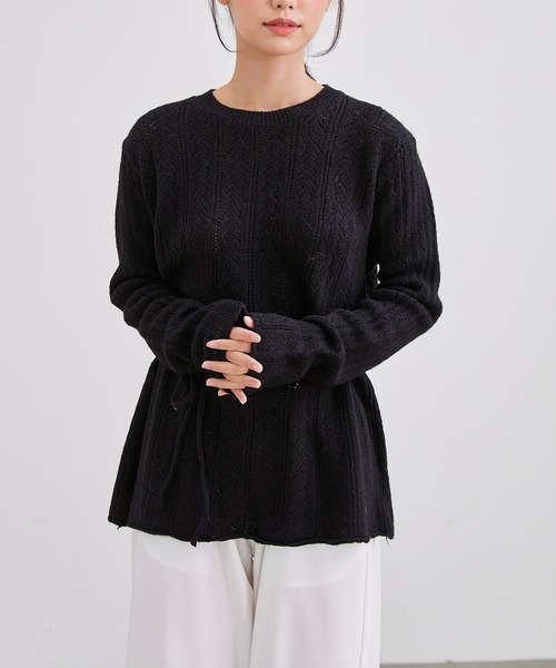 Lace Ladies(レースレディース)の「透かし編み ウエストリボン チュニック丈 ニット プルオーバー(ニット/セーター・レディース・ベージュ/ブラック/アイボリー/チャコールグレー・FREE)」の1枚目の写真