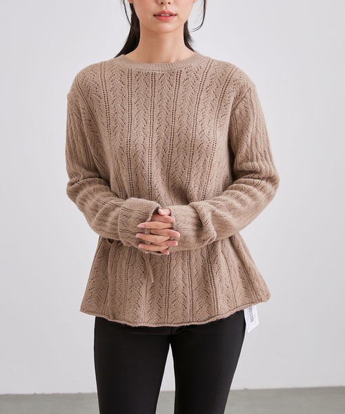 Lace Ladies(レースレディース)の「透かし編み ウエストリボン チュニック丈 ニット プルオーバー(ニット/セーター・レディース・ベージュ/ブラック/アイボリー/チャコールグレー・FREE)」の6枚目の写真