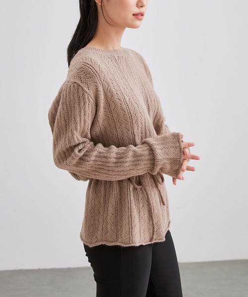 Lace Ladies(レースレディース)の「透かし編み ウエストリボン チュニック丈 ニット プルオーバー(ニット/セーター・レディース・ベージュ/ブラック/アイボリー/チャコールグレー・FREE)」の7枚目の写真