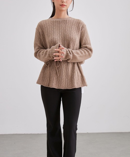 Lace Ladies(レースレディース)の「透かし編み ウエストリボン チュニック丈 ニット プルオーバー(ニット/セーター・レディース・ベージュ/ブラック/アイボリー/チャコールグレー・FREE)」の8枚目の写真