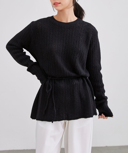 Lace Ladies(レースレディース)の「透かし編み ウエストリボン チュニック丈 ニット プルオーバー(ニット/セーター・レディース・ベージュ/ブラック/アイボリー/チャコールグレー・FREE)」の13枚目の写真