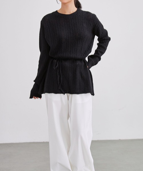 Lace Ladies(レースレディース)の「透かし編み ウエストリボン チュニック丈 ニット プルオーバー(ニット/セーター・レディース・ベージュ/ブラック/アイボリー/チャコールグレー・FREE)」の15枚目の写真