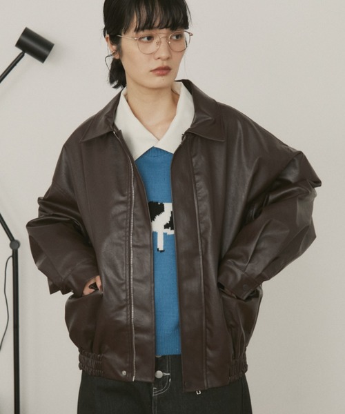 MERLOT（メルロー）の「オーバーサイズフェイクレザーフライトジャケット（ブルゾン・レディース・ブラウン/ブラック・FREE）」の13枚目の写真