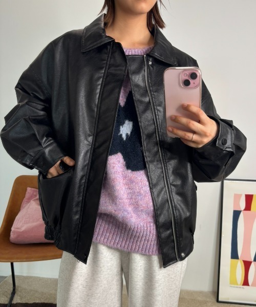 MERLOT（メルロー）の「オーバーサイズフェイクレザーフライトジャケット（ブルゾン・レディース・ブラウン/ブラック・FREE）」の3枚目の写真