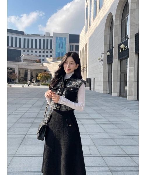 セール】ツイード配色カラートップス＆スカートセットアップ（スーツ