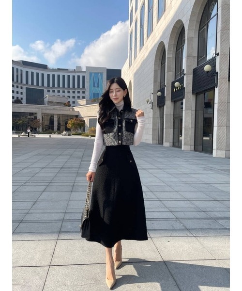 セール】ツイード配色カラートップス＆スカートセットアップ（スーツ