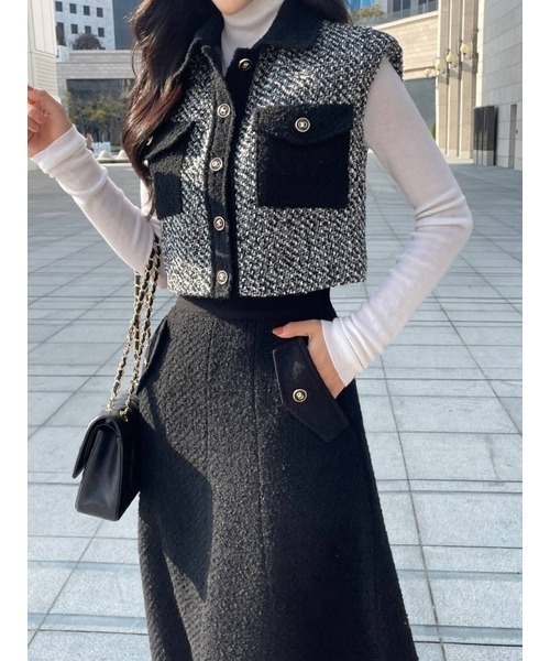 セール】ツイード配色カラートップス＆スカートセットアップ（スーツ