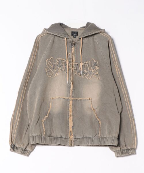 __gram.（スペースグラム）の「【__gram./スペースグラム】【オーバーダイ加工で今っぽさをプラス】ダメージデニムZIPフーディー ヴィンテージ風 ワイドシルエット ユニセックス（デニムジャケット・メンズ・グレー/ブラック・LARGE/MEDIUM）」の12枚目の写真