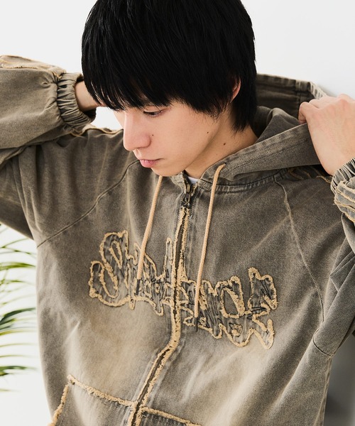 __gram.（スペースグラム）の「【__gram./スペースグラム】【オーバーダイ加工で今っぽさをプラス】ダメージデニムZIPフーディー ヴィンテージ風 ワイドシルエット ユニセックス（デニムジャケット・メンズ・グレー/ブラック・LARGE/MEDIUM）」の10枚目の写真