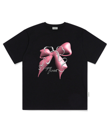 ピンク3Dレイヤードリボンプリントオーバーサイズ半袖Tシャツブラック