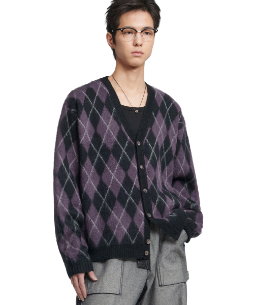 Argyle Hairy Cardigan — вязаный кардиган фиолетовый