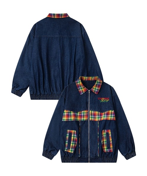 セール】チェック切替ジップアップデニムジャケット（カバーオール