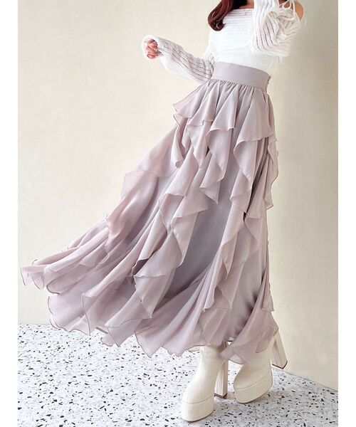 RESEXXY(リゼクシー)の「ラッフルシアーロングスカート(スカート・レディース・ベージュ/ホワイト/ブラック・FREE)」の3枚目の写真