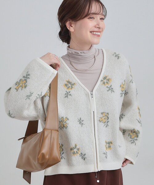 セール】【洗濯機可】柄アソート VネックZIPカーディガン