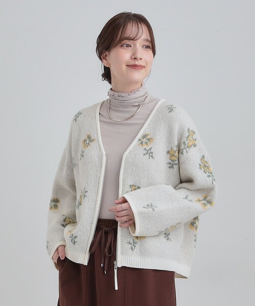 セール】【洗濯機可】柄アソート VネックZIPカーディガン