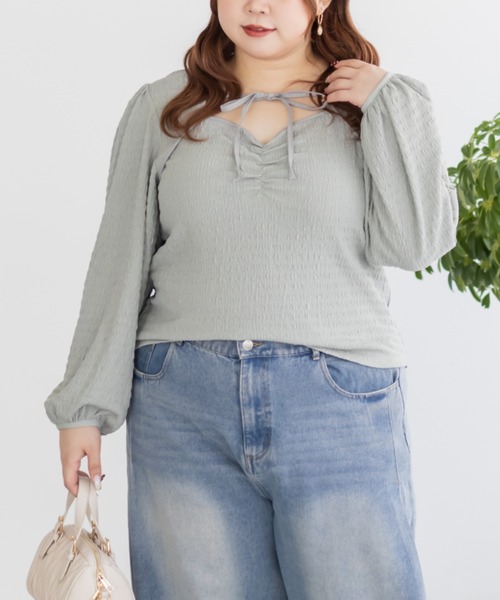 CLETTE(クレット)の「CLETTEオリジナルデコルテリボンカットソープルオーバー(Tシャツ/カットソー・レディース・ブラック/アイボリー/ミント・LL/3L/4L)」の3枚目の写真