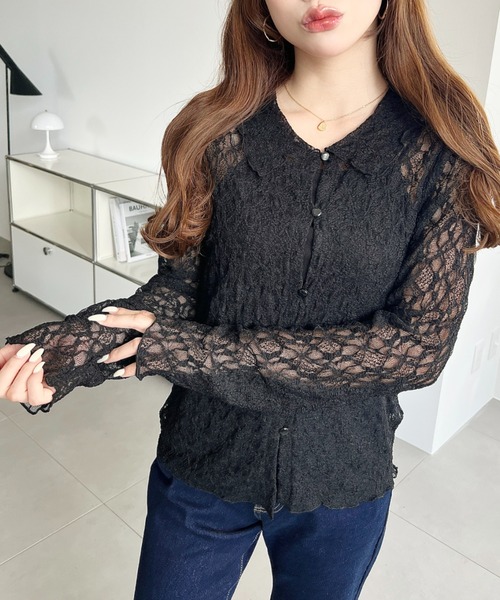 moment+(モーメントプラス)の「ストレッチレース長袖シャツカーディガン(カーディガン/ボレロ・レディース・オフホワイト/ブラック/グレイッシュベージュ/ナチュラル・L/M)」の10枚目の写真