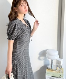 mily bilet（ミウィビレット）の「【mily bilet】ボレロ見えレイヤードでスタイルアップ。リボン付き パフスリーブドッキングワンピース (ロング丈)（ワンピース）」