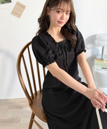 mily bilet（ミウィビレット）の「【mily bilet】ボレロ見えレイヤードでスタイルアップ。リボン付き パフスリーブドッキングワンピース (ロング丈)（ワンピース）」