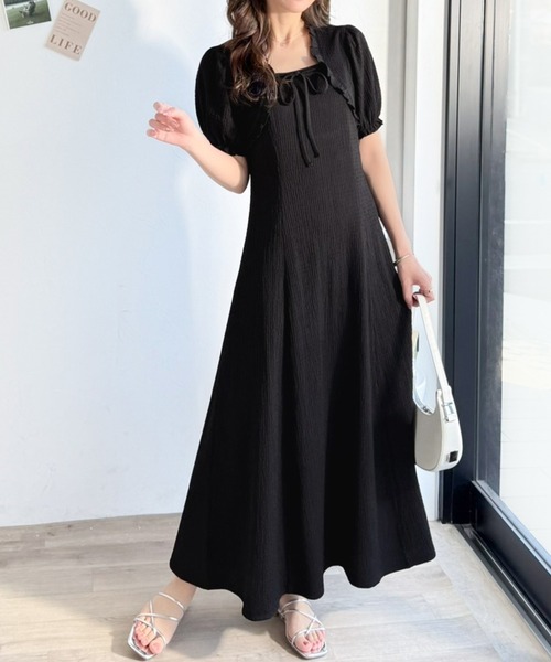 mily bilet(ミウィビレット)の「【mily bilet】ボレロ見えレイヤードでスタイルアップ。リボン付き パフスリーブドッキングワンピース (ロング丈)(ワンピース・レディース・ブラック系1/アイボリー系1/ブラック・LARGE/X-LARGE/MEDIUM/SMALL)」の2枚目の写真