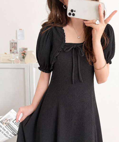 mily bilet(ミウィビレット)の「【mily bilet】ボレロ見えレイヤードでスタイルアップ。リボン付き パフスリーブドッキングワンピース (ロング丈)(ワンピース・レディース・ブラック系1/アイボリー系1/ブラック・LARGE/X-LARGE/MEDIUM/SMALL)」の17枚目の写真
