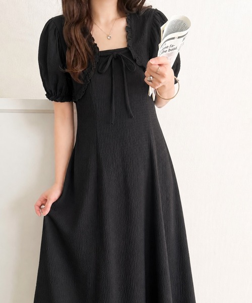 mily bilet(ミウィビレット)の「【mily bilet】ボレロ見えレイヤードでスタイルアップ。リボン付き パフスリーブドッキングワンピース (ロング丈)(ワンピース・レディース・ブラック系1/アイボリー系1/ブラック・LARGE/X-LARGE/MEDIUM/SMALL)」の14枚目の写真
