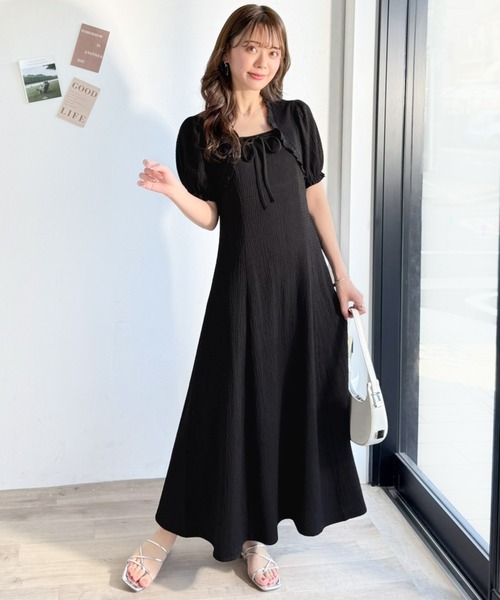 mily bilet(ミウィビレット)の「【mily bilet】ボレロ見えレイヤードでスタイルアップ。リボン付き パフスリーブドッキングワンピース (ロング丈)(ワンピース・レディース・ブラック系1/アイボリー系1/ブラック・LARGE/X-LARGE/MEDIUM/SMALL)」の5枚目の写真