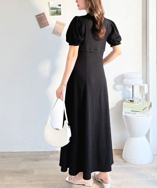 mily bilet(ミウィビレット)の「【mily bilet】ボレロ見えレイヤードでスタイルアップ。リボン付き パフスリーブドッキングワンピース (ロング丈)(ワンピース・レディース・ブラック系1/アイボリー系1/ブラック・LARGE/X-LARGE/MEDIUM/SMALL)」の4枚目の写真