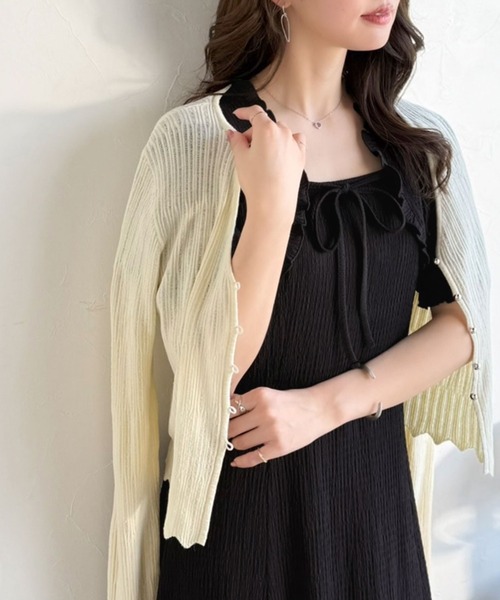 mily bilet(ミウィビレット)の「【mily bilet】ボレロ見えレイヤードでスタイルアップ。リボン付き パフスリーブドッキングワンピース (ロング丈)(ワンピース・レディース・ブラック系1/アイボリー系1/ブラック・LARGE/X-LARGE/MEDIUM/SMALL)」の8枚目の写真