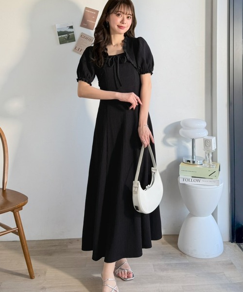 mily bilet(ミウィビレット)の「【mily bilet】ボレロ見えレイヤードでスタイルアップ。リボン付き パフスリーブドッキングワンピース (ロング丈)(ワンピース・レディース・ブラック系1/アイボリー系1/ブラック・LARGE/X-LARGE/MEDIUM/SMALL)」の7枚目の写真