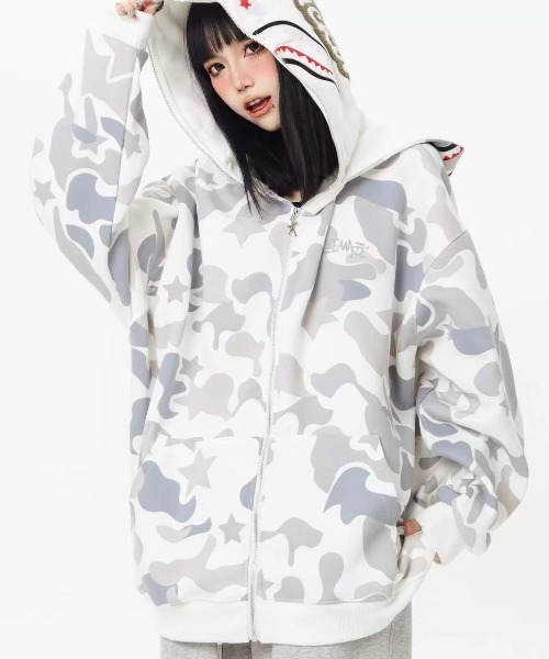 セール】シャークデザイン カモフラ柄 ジップアップパーカー（パーカー