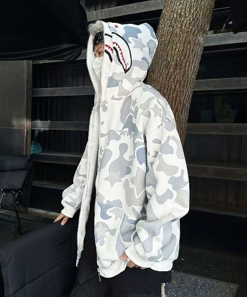 セール】シャークデザイン カモフラ柄 ジップアップパーカー（パーカー